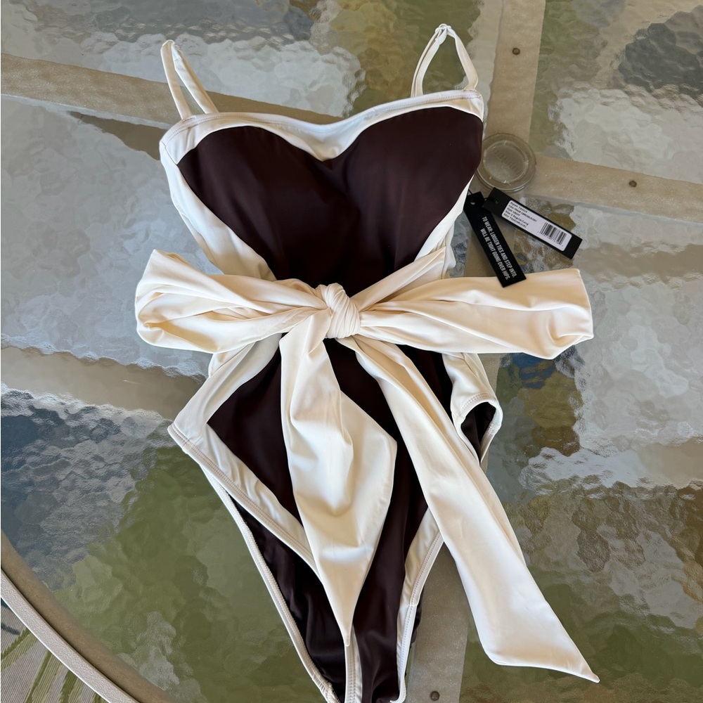 Strapless Two-Tone Brown and Cream One-Piece Swimsuit with Waist Tie